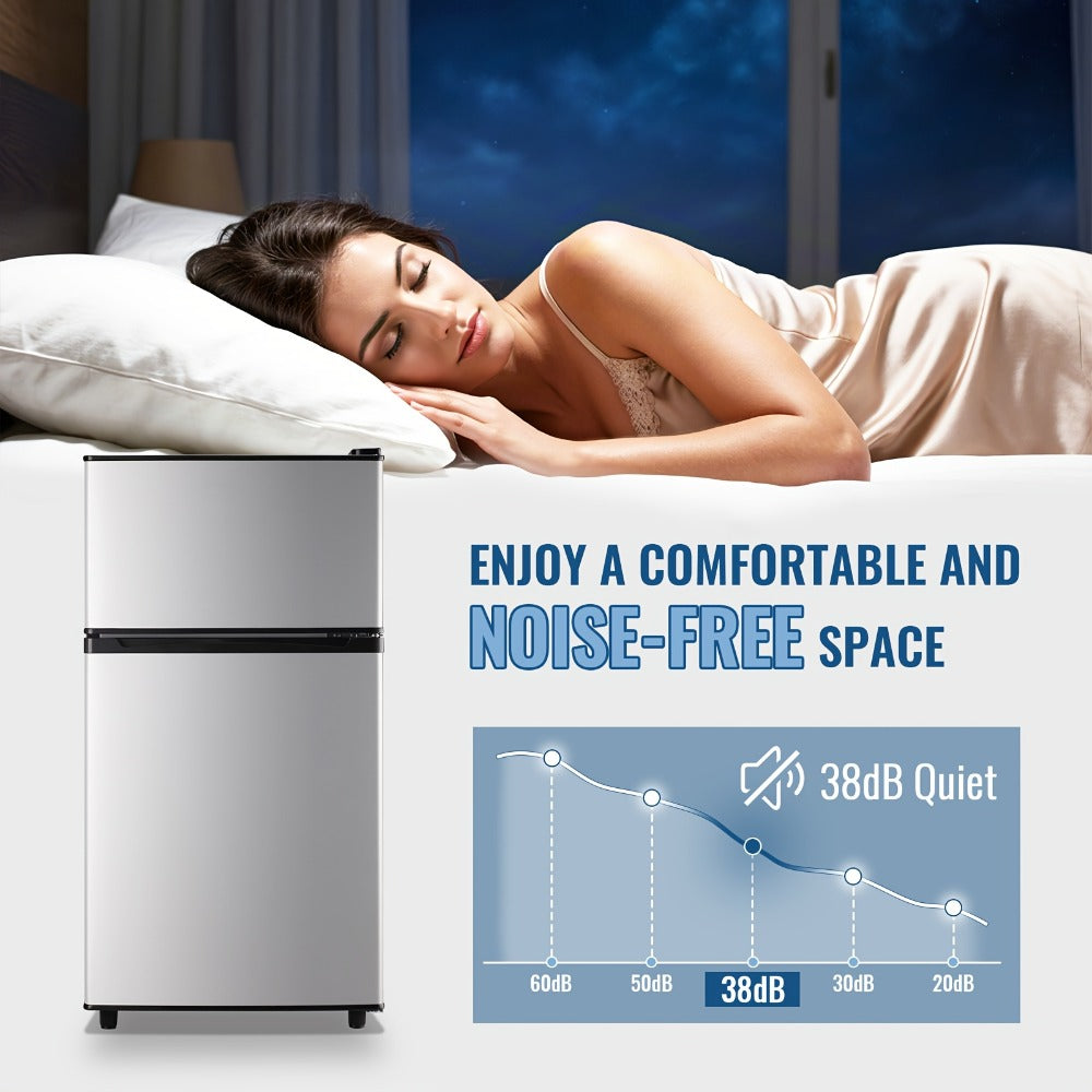 Small Fridge with Freezer, 2-Door Compact Refrigerator with 7-Level Adjustable Thermostat, Removable Shelves & Basket