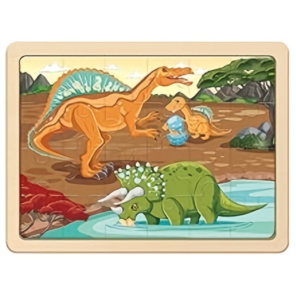 Dinosaur Puzzle Set for Kids Ages 3-8 Wooden 4-in-1 Jigsaw with 24 Pieces Each, Colorful Preschool Educational Toy for Boys & Girls