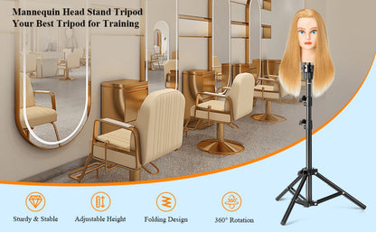 Adjustable Wig Stand Tripod 360 Rotation Aluminum Alloy Height Adjustable to 50 Inch Foldable Portable Mannequin Head Stand for Styling