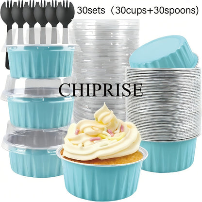 Aluminum Foil Baking Cups with Lids, Disposable Cupcake Molds with Spoons, Foil Dessert Cups for Pudding Muffins Mousse