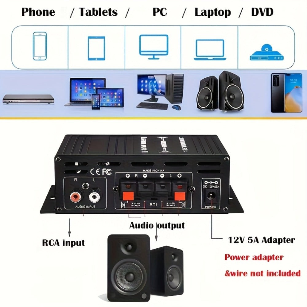 600W Mini HiFi Stereo Power Amplifier, Dual-Channel Class AB Compact Audio Amp, 2.0 Channel, RCA & AUX Input