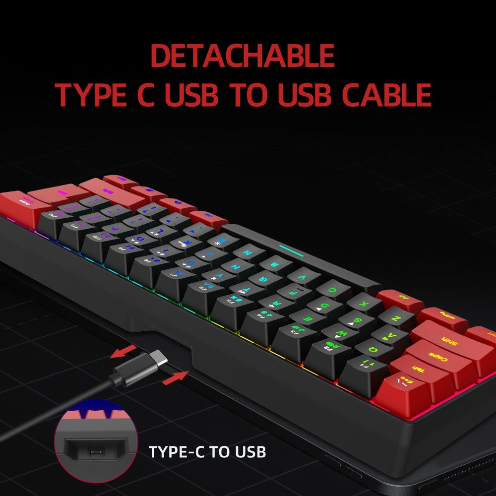 Red-and-Black 61-Key Compact Wired Keyboard with Detachable Cable and Multicolor-Lit Keycaps