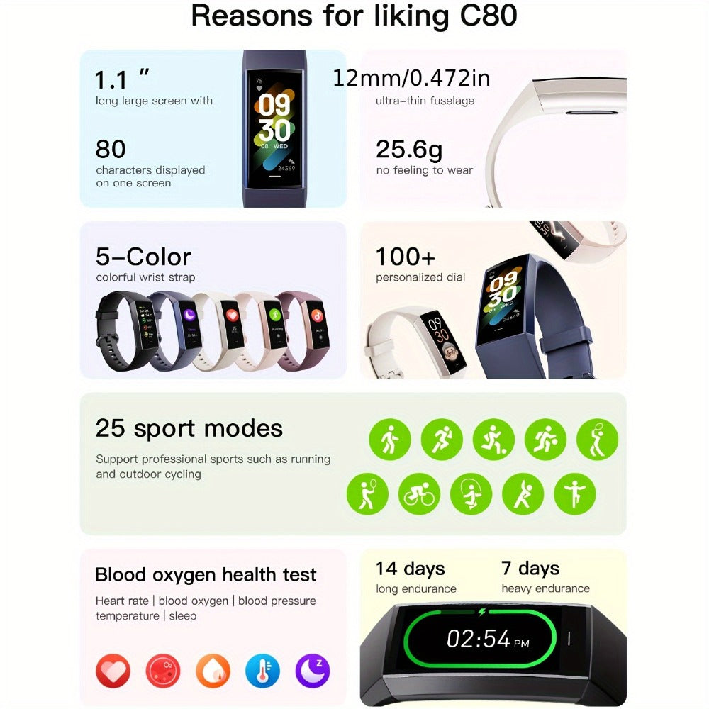 AMOLED Smart Band 1.1" Always-On Display, 14-Day Battery Life, 25 Sport Modes, Heart Rate & Sleep Tracker