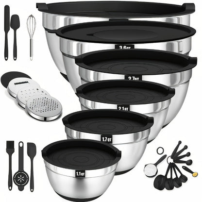 Stainless Steel Mixing Bowl Set 26pcs with 6 Bowls 20 Kitchen Tools Anti-Slip Bottom Multiple Sizes for Baking Cooking Meal Prep Storage
