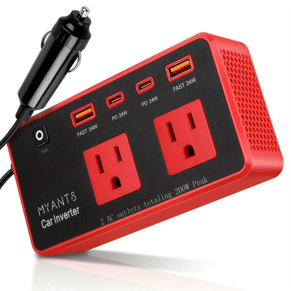 Car Power Inverter 200W – 12V DC to 110V AC, 4 USB Ports (PD & QC 3.0), Fast Charging Car Outlet Adapter for Road Trips