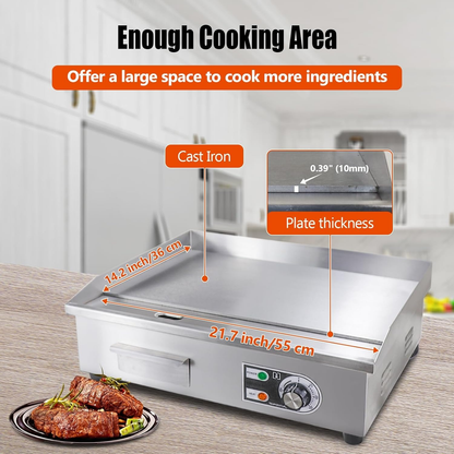 Electric Flat Top Grill 14"/22", Commercial Teppanyaki Griddle, Non-Stick Cast Iron Cooking Surface