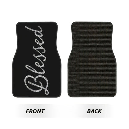 Blessed Script Car Floor Mats with Black Printed Surfaces in Two- or Four-Piece Set Options