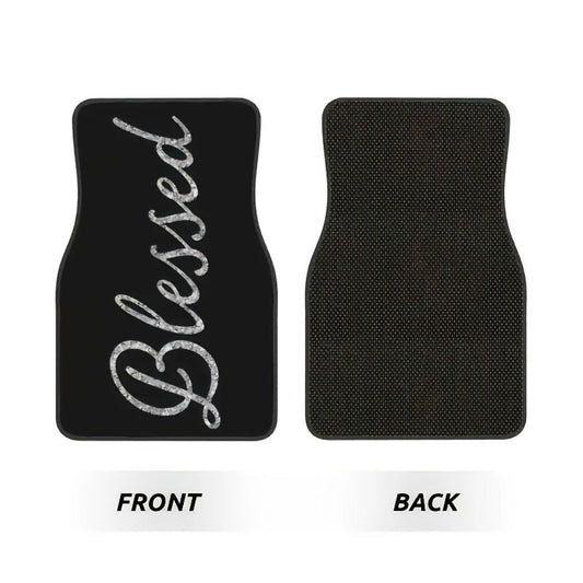 Blessed Script Car Floor Mats with Black Printed Surfaces in Two- or Four-Piece Set Options