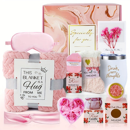 Luxury Spa Gift Set for Women 10-Piece Rose Scented Candles Bath Salt Balls Dried Flowers Eye Mask Soap Blanket Socks Hair Ribbon Gift Card