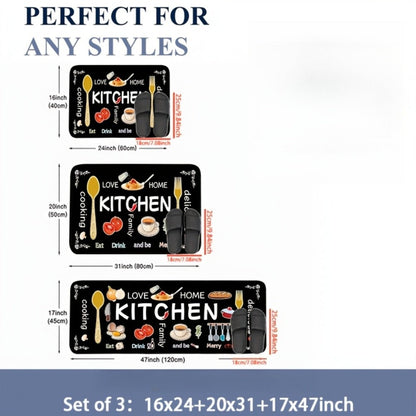 Kitchen Rug Set 3-Piece, Egg Beater Knife & Fork Theme Decorative Kitchen Mats, Easy-to-Clean Carpet for Kitchen