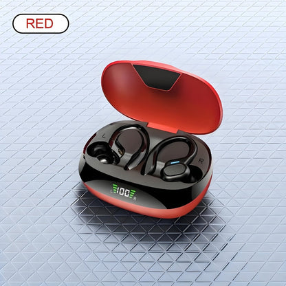 Wireless Earbuds Bluetooth 5.4 Open-Ear Sport Hooks with LED Charging Case in Black or Pale Red
