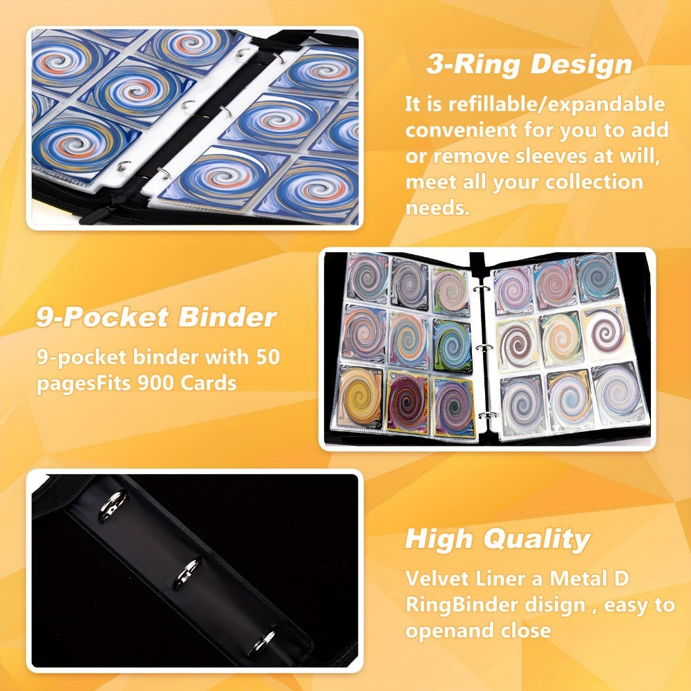 Trading Card Binder 900 Pocket Album – 9-Pocket 3-Ring Card Holder with 50 Removable Sleeves, Waterproof PU Leather for MTG, Pokemon