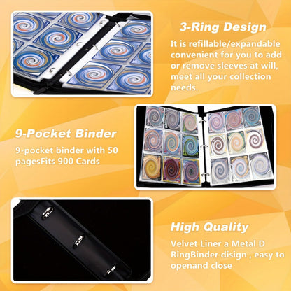 Trading Card Binder 900 Pocket Album – 9-Pocket 3-Ring Card Holder with 50 Removable Sleeves, Waterproof PU Leather for MTG, Pokemon
