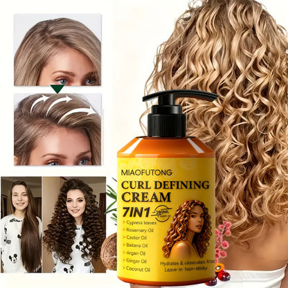 7-in-1 Curl Defining Cream by MIAOFUTONG in 280ml Pump Bottle with Seven Front-Label Botanical Ingredients