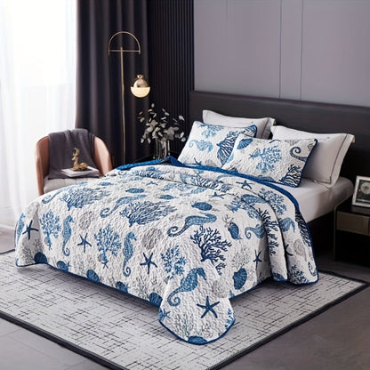 Duvet Cover Set 3 Piece Ocean Style Seahorse Coral Pattern Soft Breathable Microfiber Bedding Set with 2 Pillowcases Machine Washable