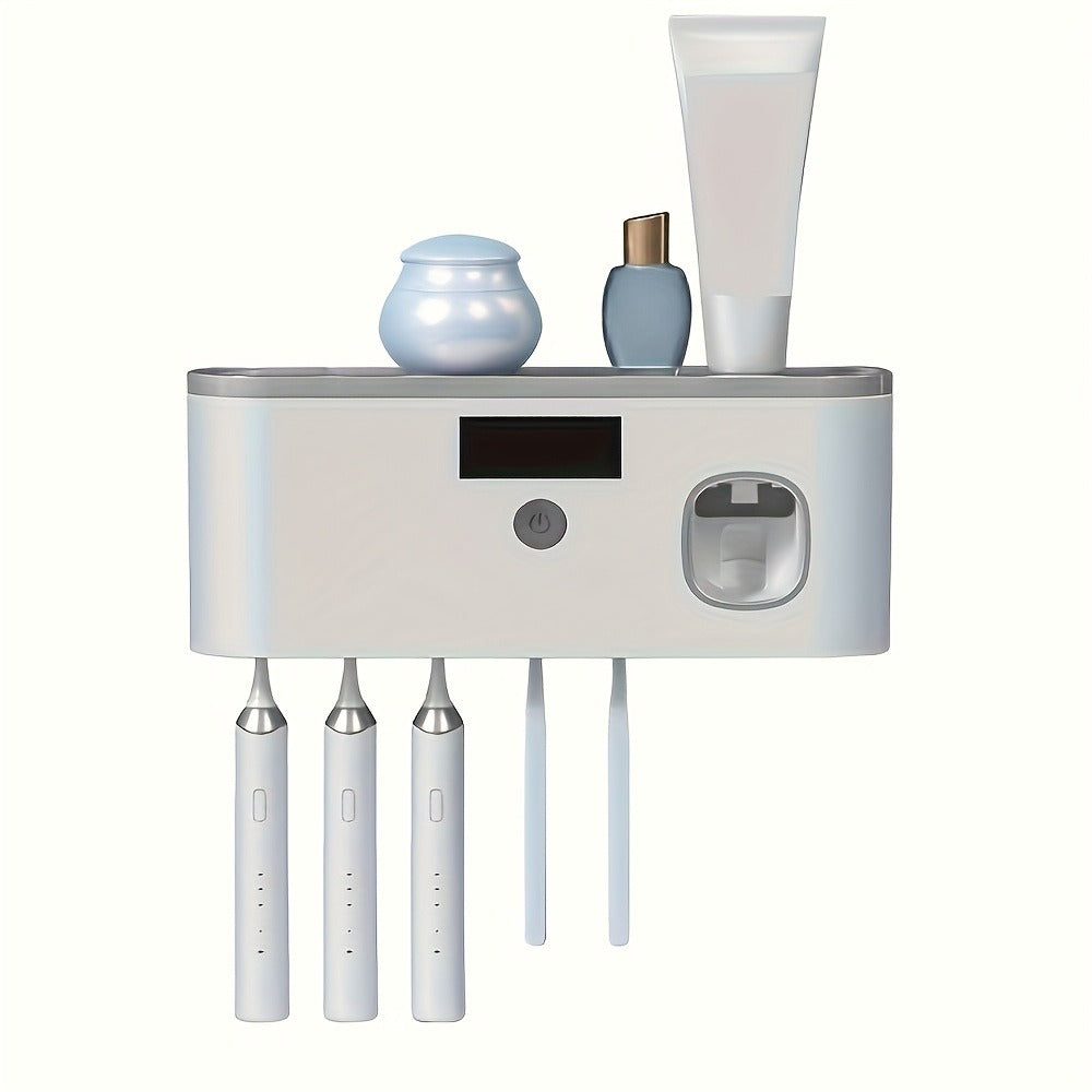 Wall-Mounted Toothbrush Organizer with Four Hanging Slots, Top Tray, Dispensing Port and Two Color Styles