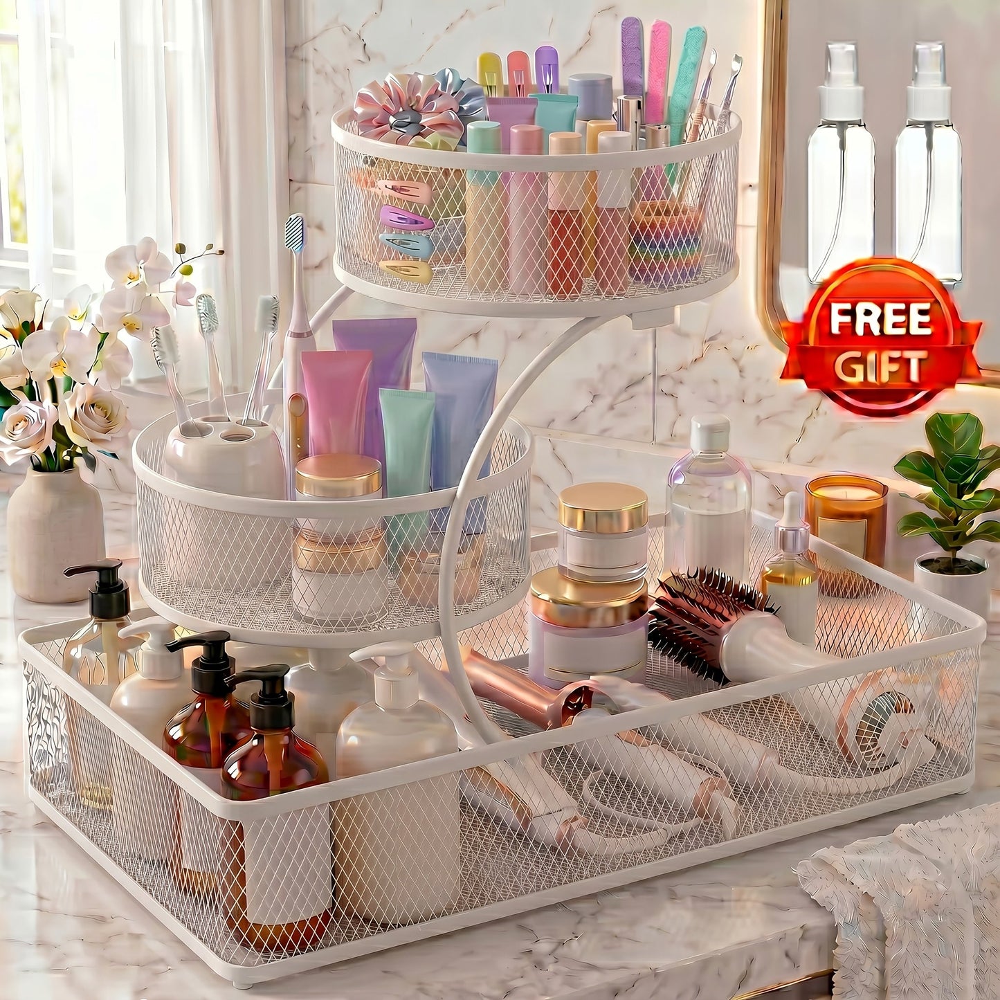 Three-Tier Metal Mesh Countertop Organizer with Black or White Finish and Optional Hooks or Spray Bottles