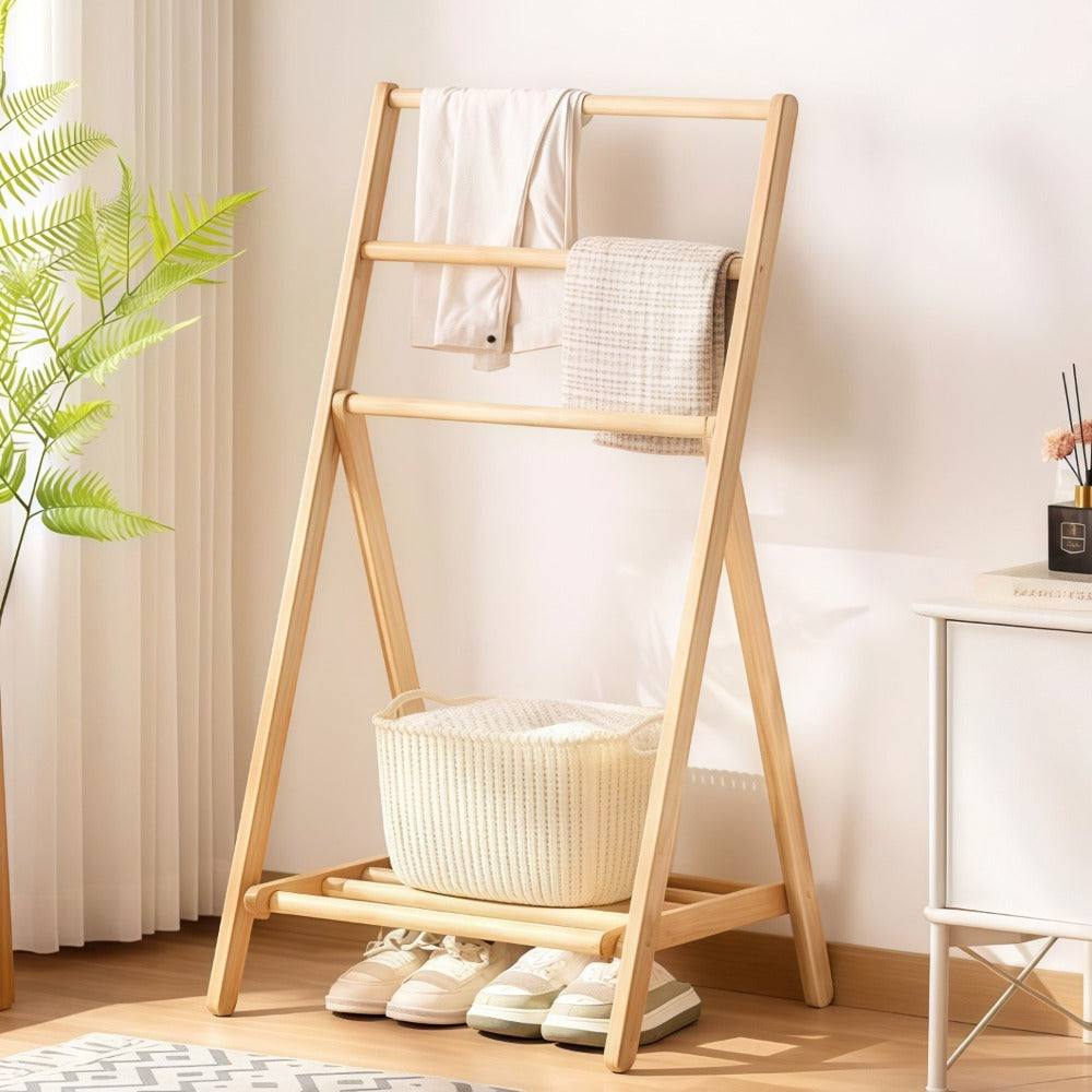 Bamboo Drying Rack 3 Tier Foldable with Storage Box – Space Saving Freestanding Clothes Hanger for Apartment, Bedroom, Bathroom & Balcony