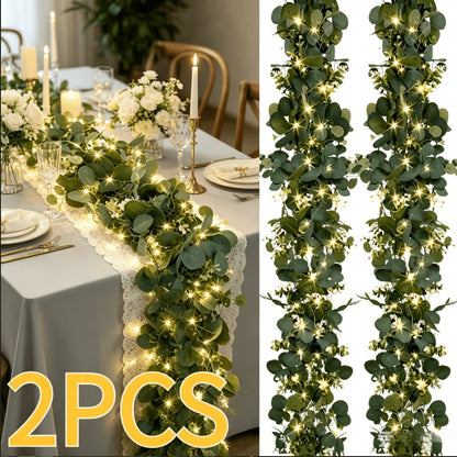 Lighted Eucalyptus Wreath Garland 6FT LED 2 Pack - Artificial Green Vine with Lights for Wedding Centerpiece