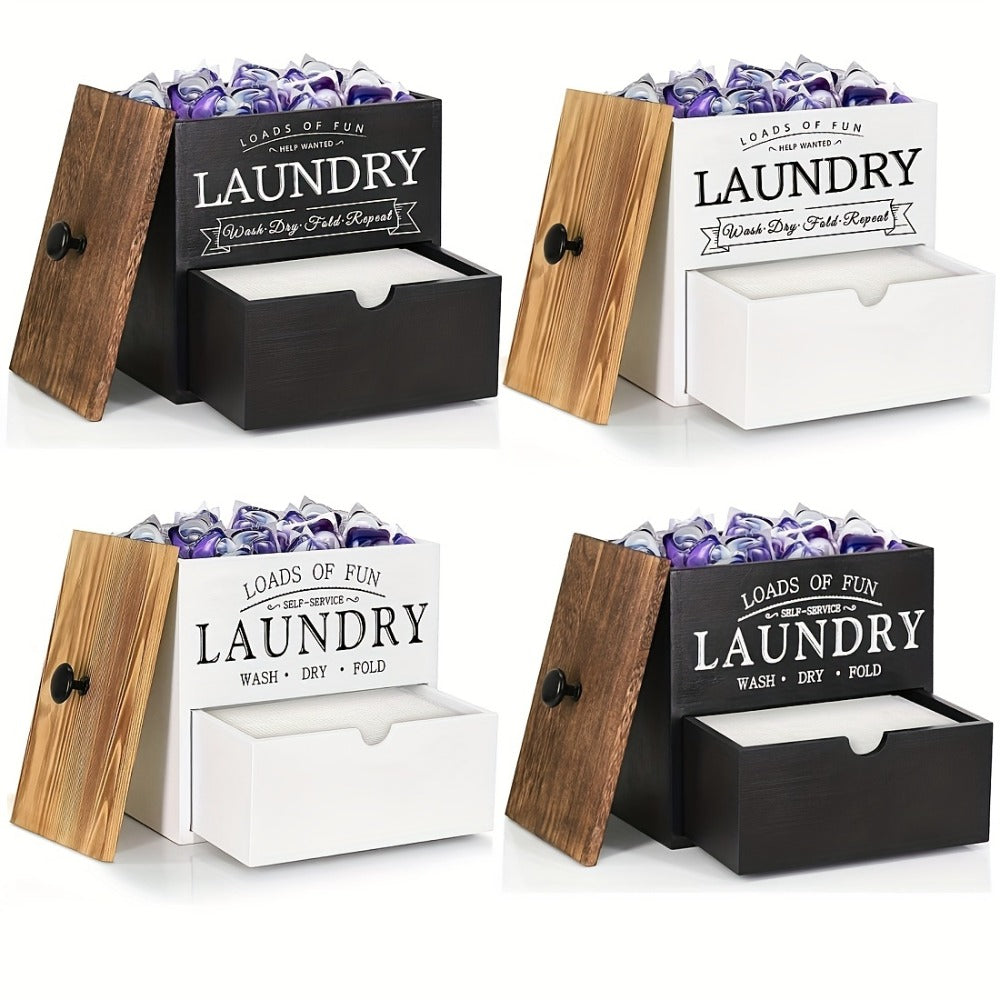Dryer Sheet Holder with Drawer & Lid, Farmhouse Wood Laundry Pod Dispenser, Wall Mount or Countertop Organizer for Laundry Room Storage