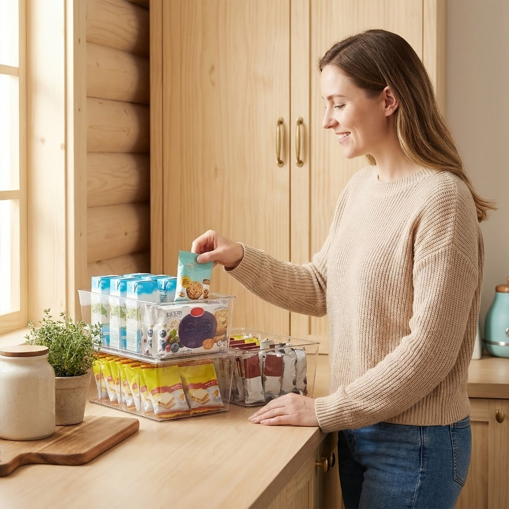 Pantry Organizer Bins 8 Pack Clear Plastic Food Storage Bins with Removable Dividers 4 Compartments for Kitchen Cabinet