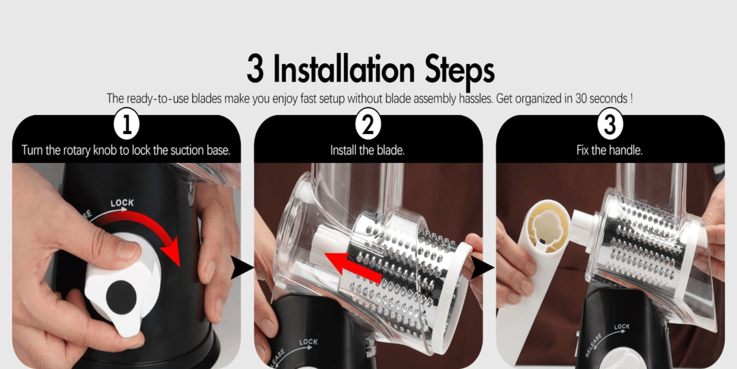 Rotary Cheese Grater, Stainless Steel Hand Crank Shredder with 3 Interchangeable Blades, Suction Base & Cleaning Brush