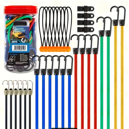 Bungee Cord Set 32 Pack Heavy Duty – Elastic Tie Down Cords in 10 18 24 40 Inch Lengths, 4 Sunshade Clips & 6 Ball Bungees