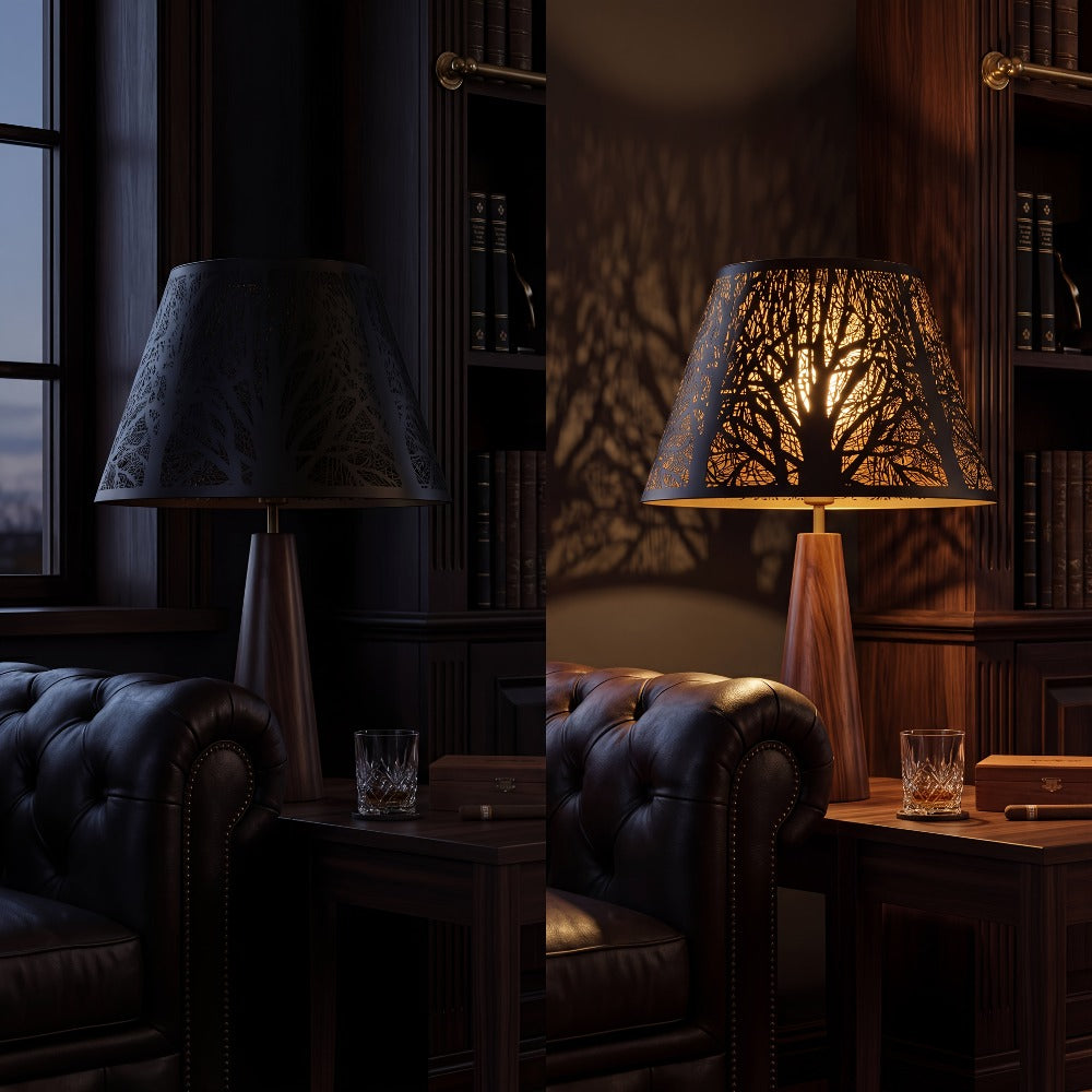 Metal Lampshade Etched Forest & Leaf Design | Black Exterior Gold Interior | Barrel Lamp Shade for Table Lamp & Floor Lamp |