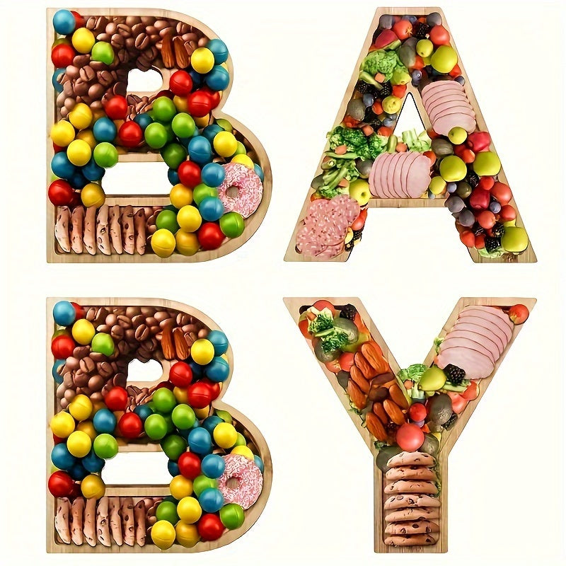 Baby Shower Charcuterie Board Set – 4-Piece BABY Letter Shaped Wooden Serving Tray, Bamboo Snack Platter for Gender Reveal, Birthday Party