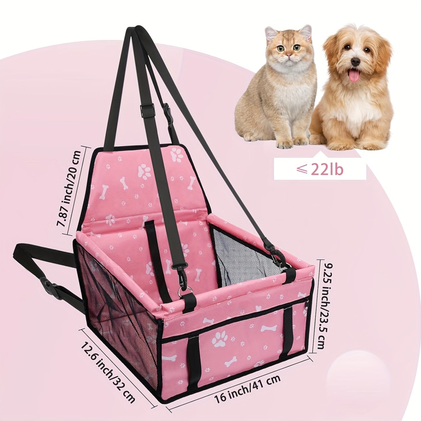 Dog Car Booster Seat for Small Dogs & Cats – Foldable Oxford Pet Car Seat Carrier with Safety Leash, Adjustable Straps, Breathable Mesh