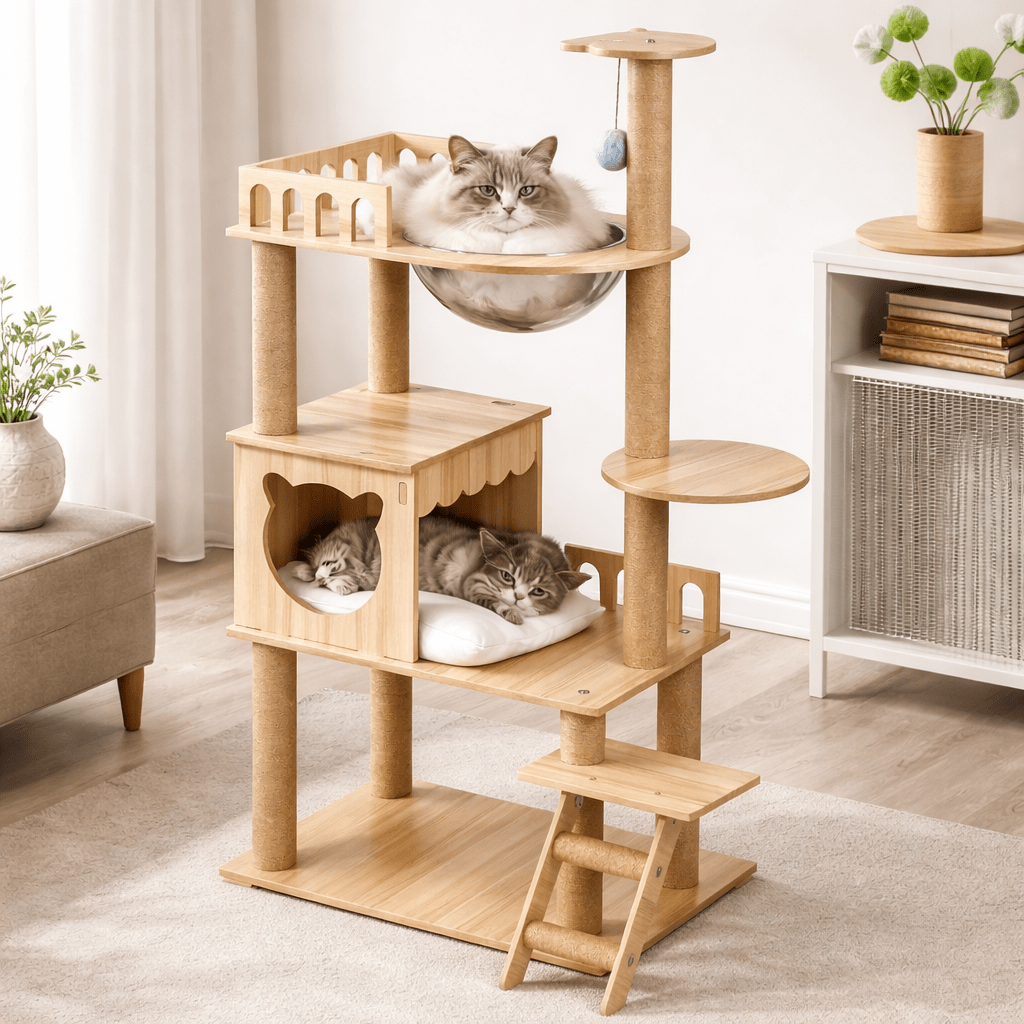 54-Inch Wood-Look Cat Tree with Clear Space Capsule, Enclosed House, Platforms and Step Ladder