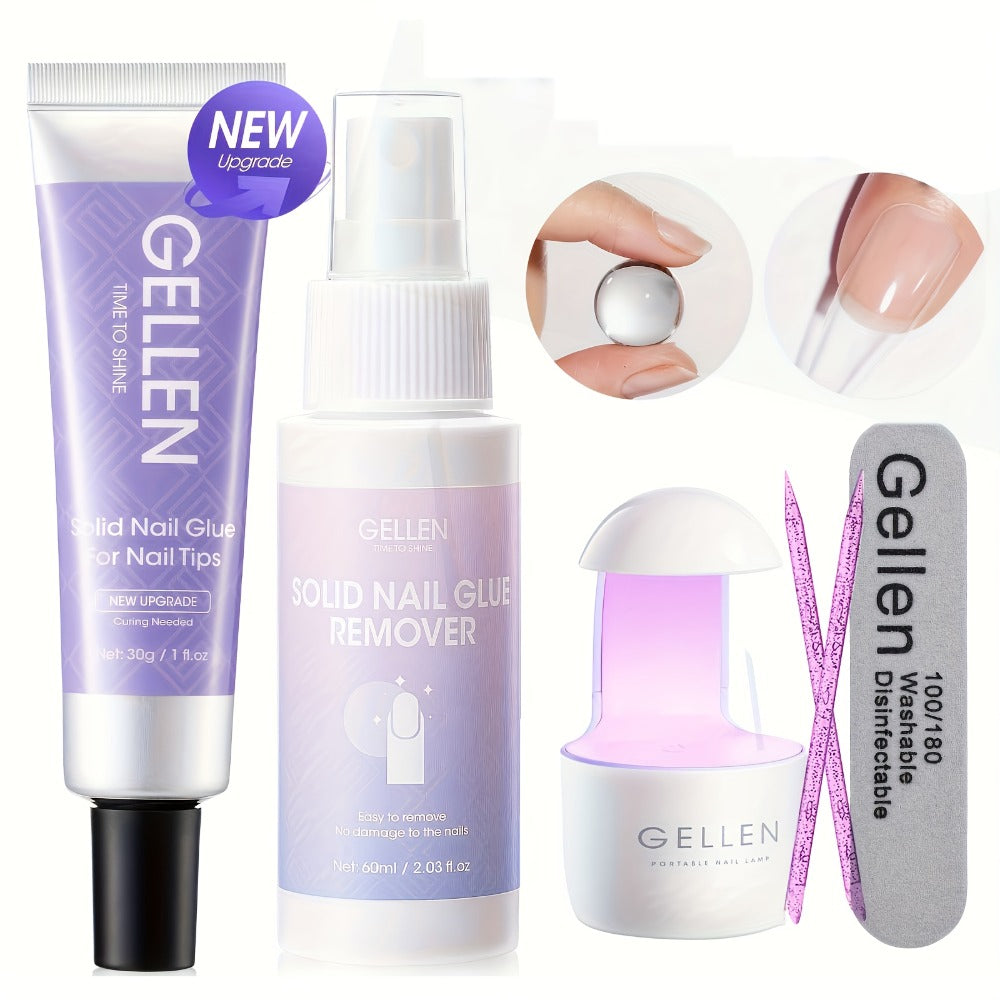 Press-On Nail Glue Gel Kit 30g with UV Lamp – Strong Long-Lasting Solid Nail Glue, 60ml Remover & Buffer for False Nails