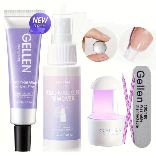 Press-On Nail Glue Gel Kit 30g with UV Lamp – Strong Long-Lasting Solid Nail Glue, 60ml Remover & Buffer for False Nails