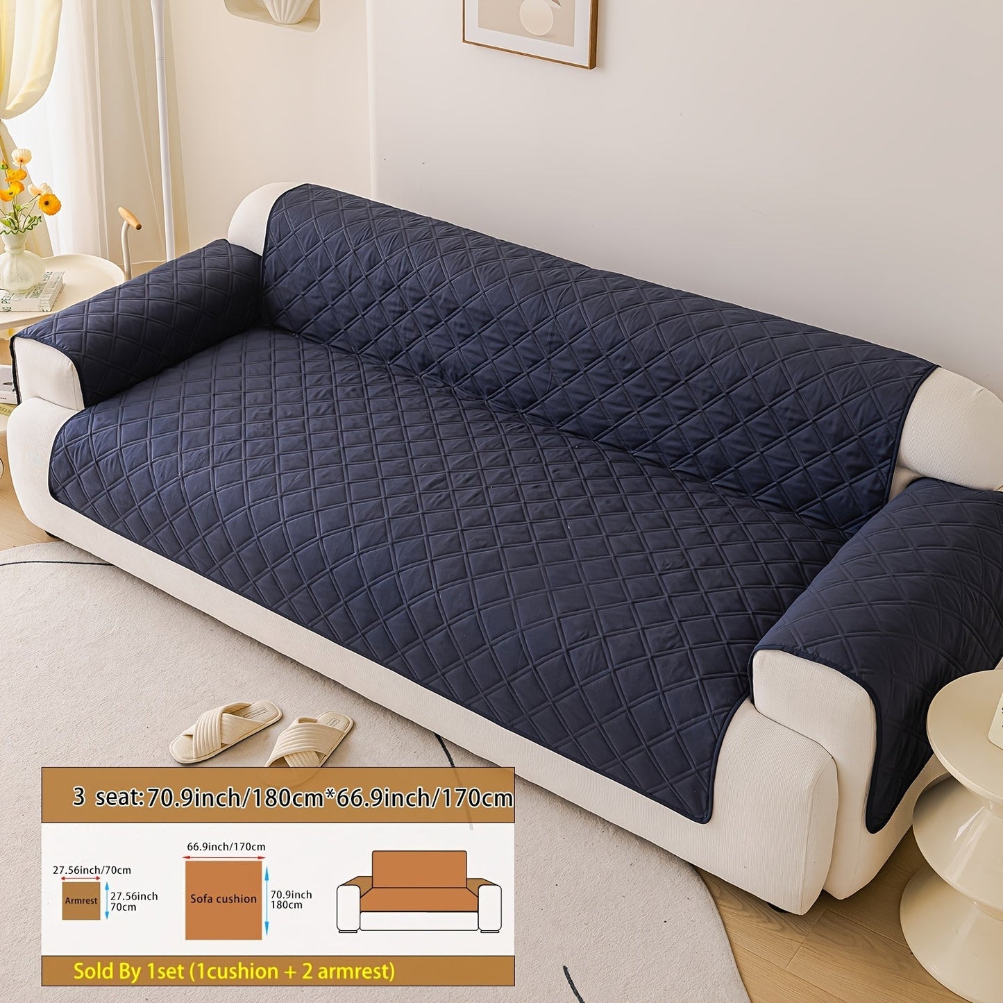 Sofa Cover Three-Piece Soundwave Embossed Set with Sofa Panel, Two Armrest Covers and Backing Mat