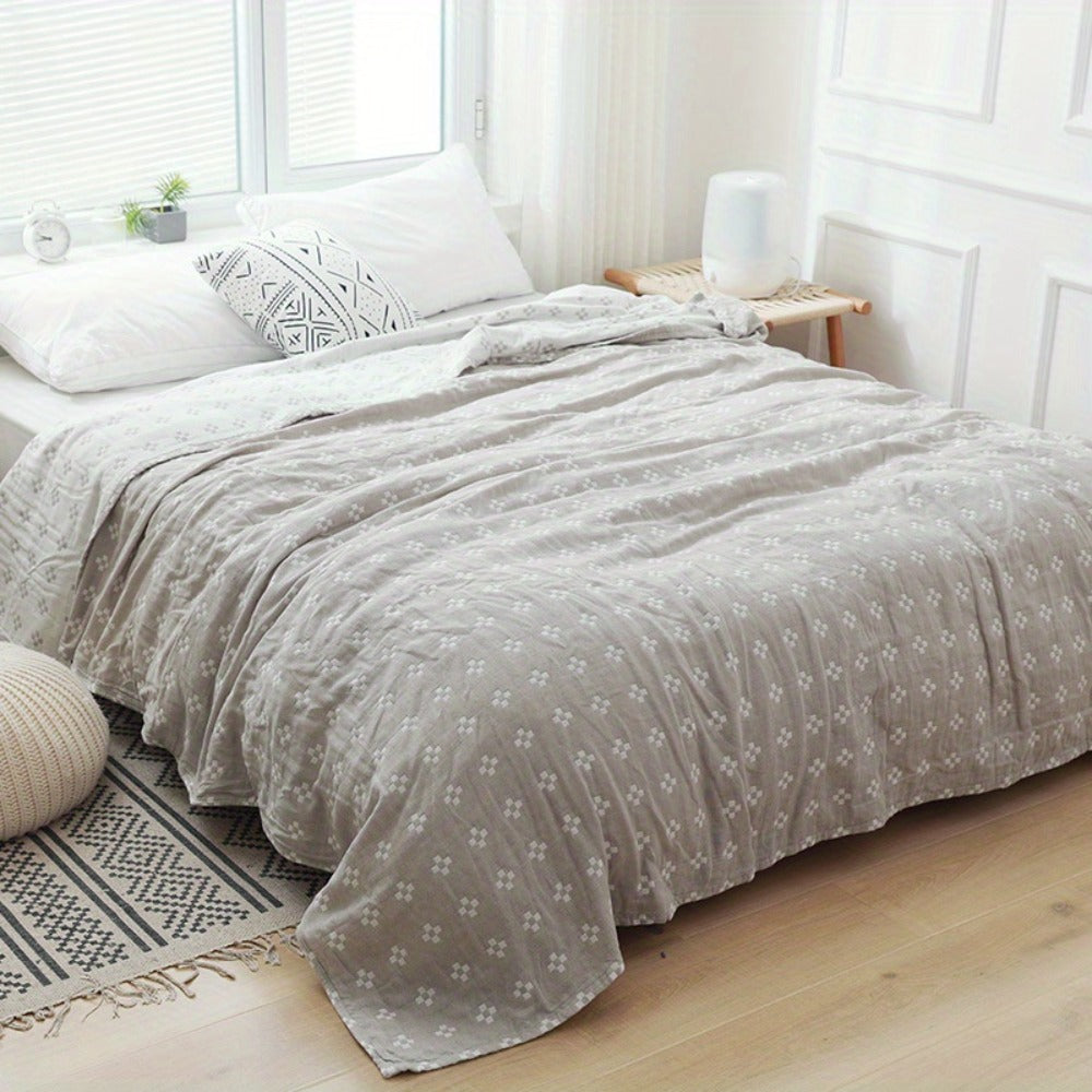 Jacquard Cotton Blanket, Geometric Cross Pattern Pure Cotton Throw, Breathable All Season, 4 Colors