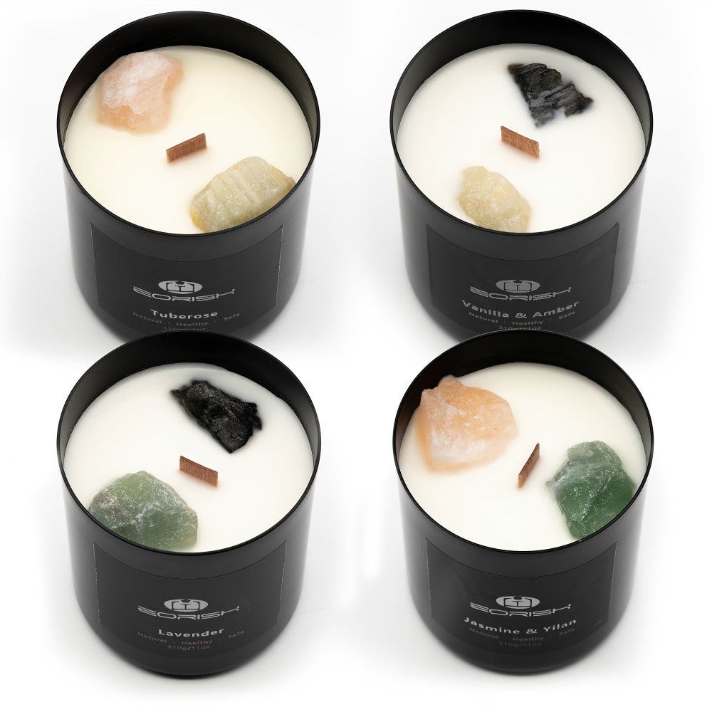 Scented Candle Gift Set 4 Candles 44oz with Crystal Stone Accents and 4 Heat-Resistant for Entryways, Bedrooms and Living Spaces