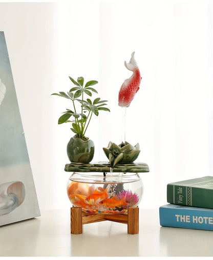 USB Desktop Fish Waterfall Fountain with Glass Bowl, Relaxing Indoor Water Feature Tabletop Decor Zen Fountain Gift
