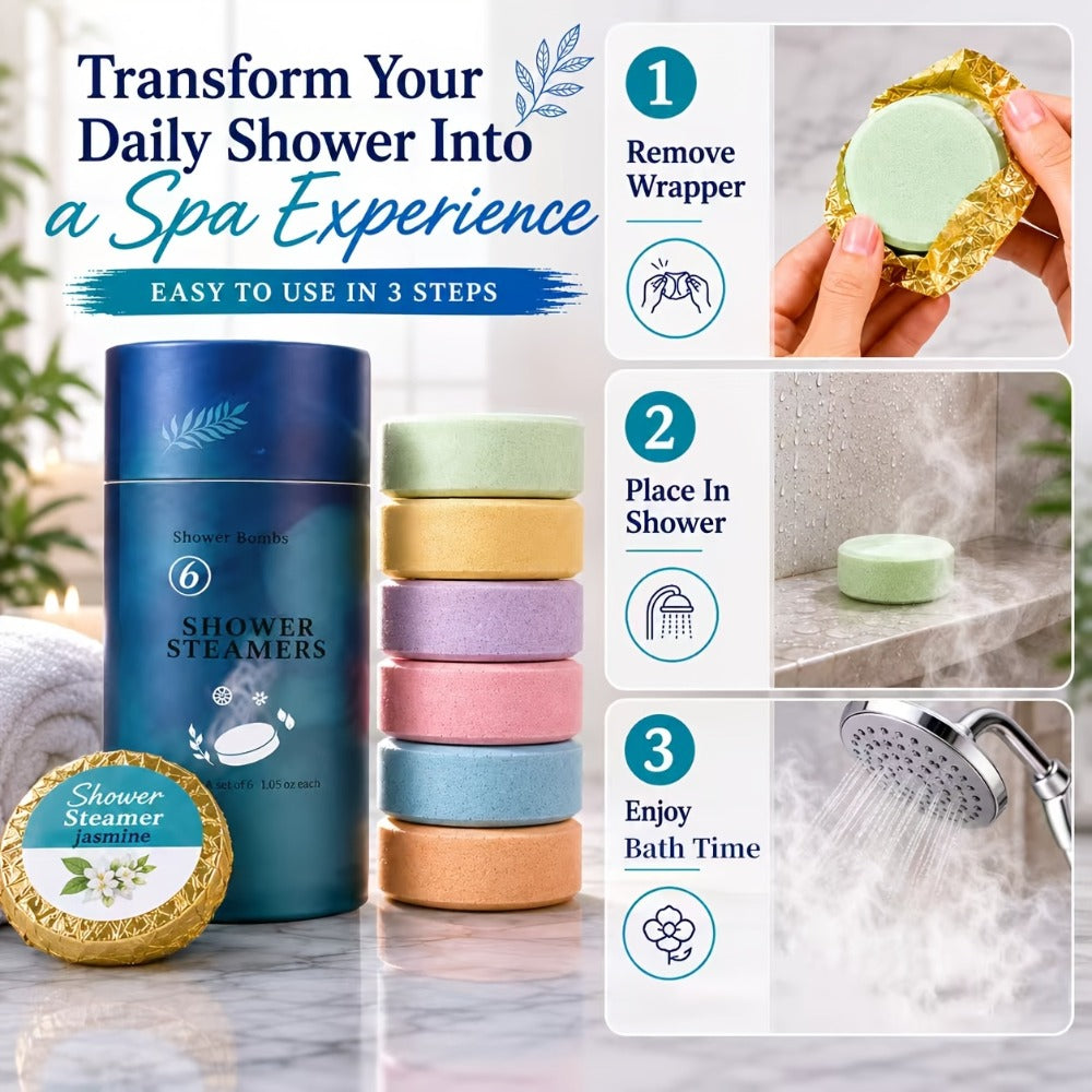 Six Assorted Shower Steamer Tablets in a Cylindrical Gift Box with 30 g Individually Wrapped Pieces