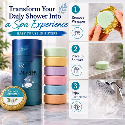 Six Assorted Shower Steamer Tablets in a Cylindrical Gift Box with 30 g Individually Wrapped Pieces