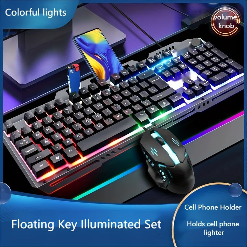 Gaming Keyboard Wired 104 Keys Full Metal Panel – LED Color Backlight, Multimedia Knob, Faux Mechanical Feel, USB