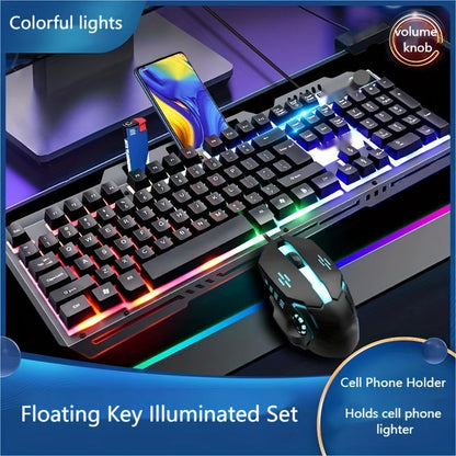 Gaming Keyboard Wired 104 Keys Full Metal Panel – LED Color Backlight, Multimedia Knob, Faux Mechanical Feel, USB