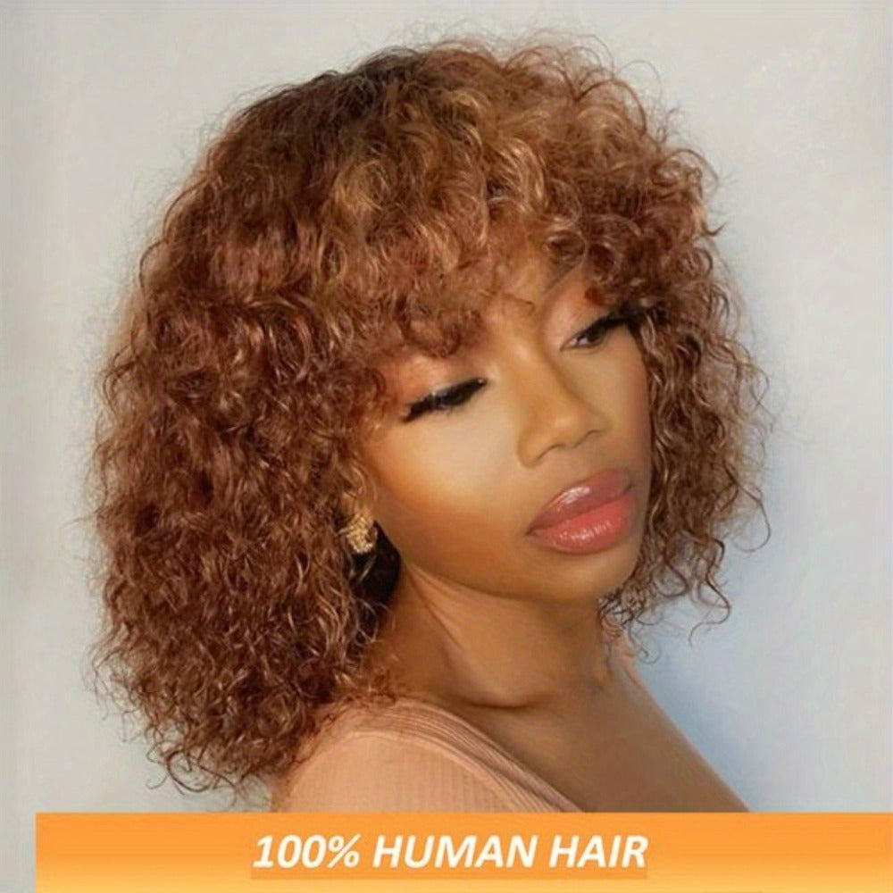 12-Inch Water Wave Bob Human Hair Wig with Bangs, 150% Density and TT1B/33 or P1B/30 Color