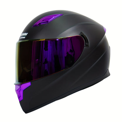 Motorcycle Helmet TCMT Purple Full-Face Shell with Iridescent Shield, M-XL Sizes, Rear Venting and Padded Interior