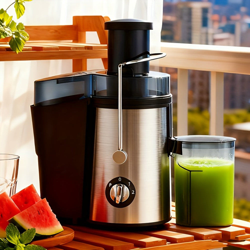 Black-and-Silver Centrifugal Juicer with Side Pulp Container, Juice Cup, 34cm Width and 33cm Height