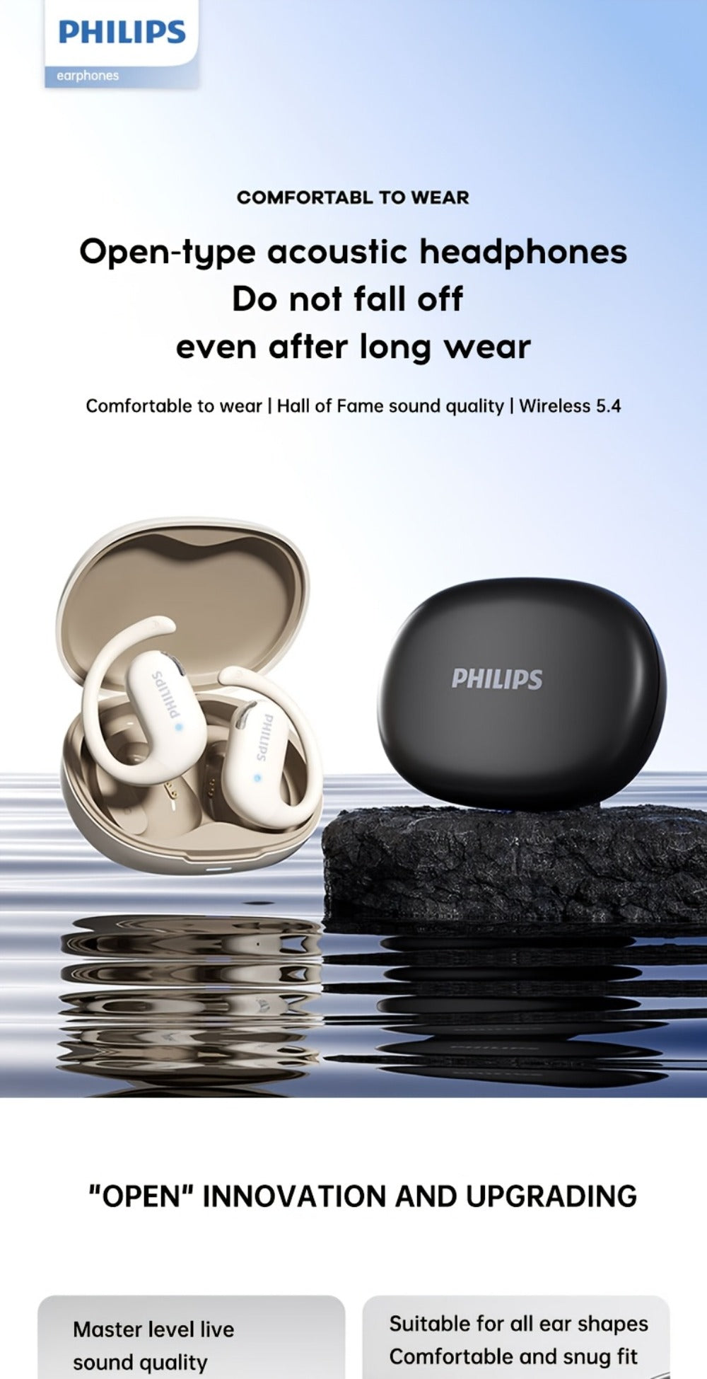 Philips TAT2739 Open Air Earbuds Wireless Bluetooth 5.3 Ear Hook Headphones with Wireless Charging Case