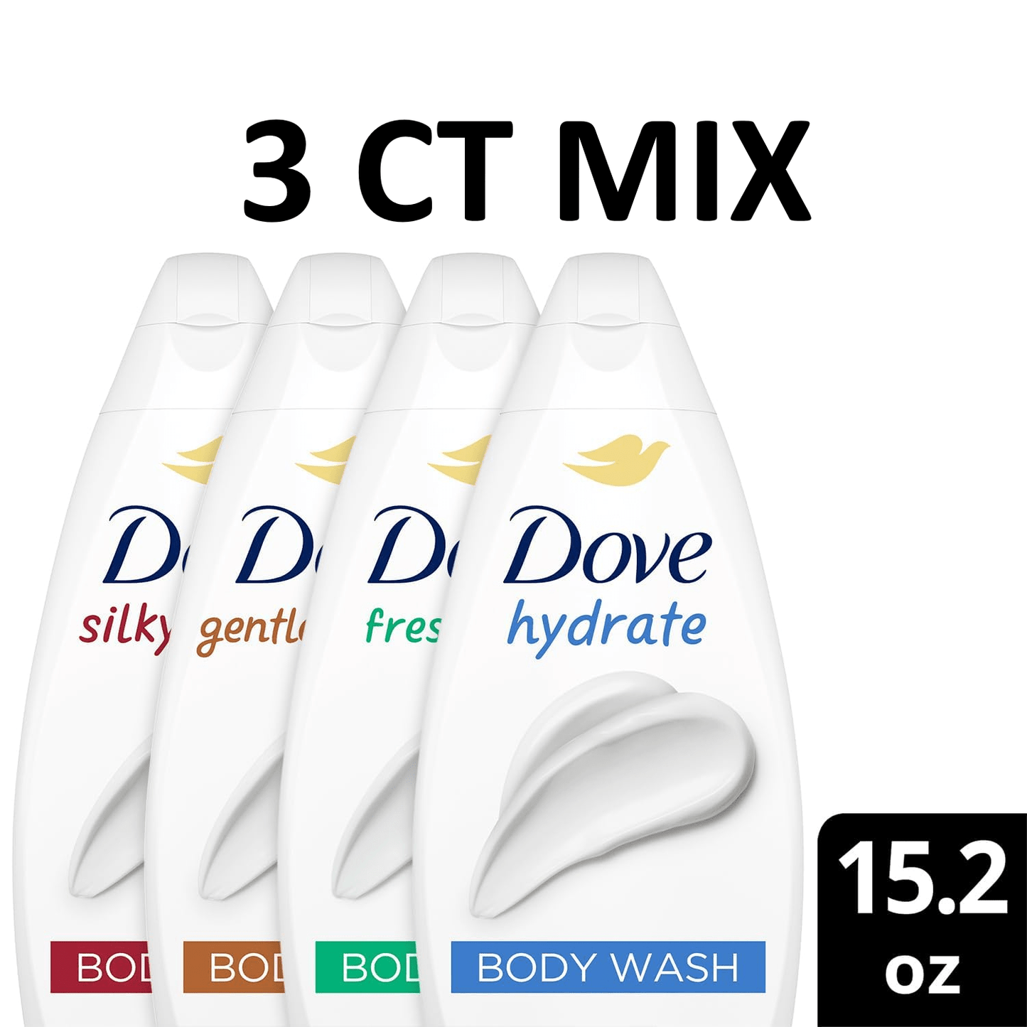 Dove Body Wash Variety Pack with Three 15.22oz Bottles in Hydrate, Fresh Care and Gentle Pamper