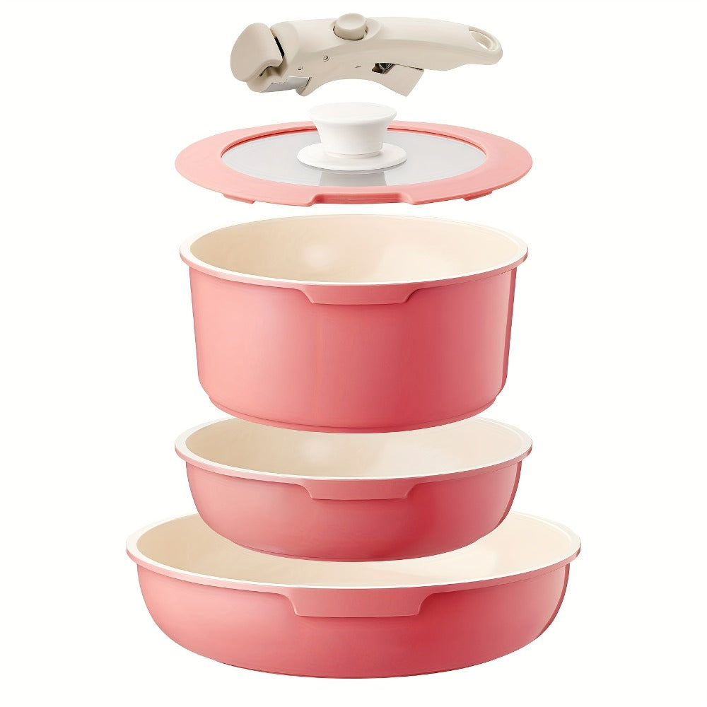 Cookware Set IKTU 5-Piece Detachable-Handle Aluminum Pots and Pans in White, Pink, Beige or Coral Pink