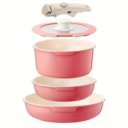 Cookware Set IKTU 5-Piece Detachable-Handle Aluminum Pots and Pans in White, Pink, Beige or Coral Pink