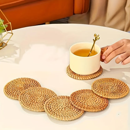 Rattan Woven Coasters Set of 6 Handcrafted Heat-Resistant Non-Slip Drink Mats Boho Table Decor for Kitchen Dining Room Coffee Table Tabletop