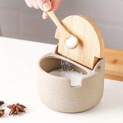 Ceramic Seasoning Pot Set with Lid & Spoon – Salt Pepper Spice Jar Container with Tray Kitchen Condiment Storage Organizer for Counter